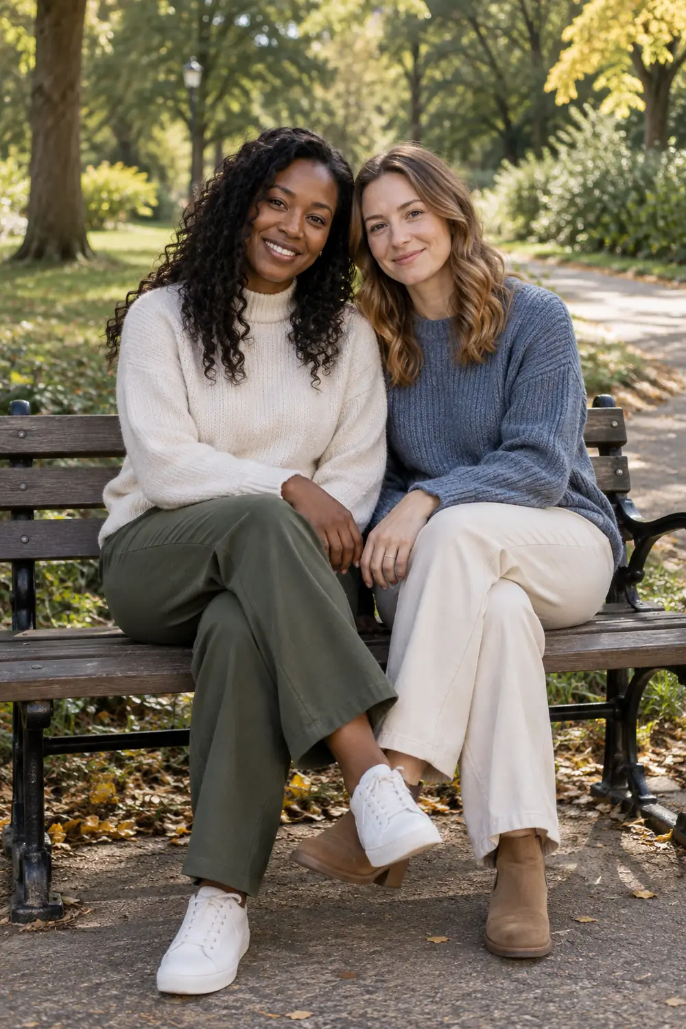 Two adult women in sweaters and trousers seated close together on a wooden park bench, with a quiet path and sunlit trees behind them.