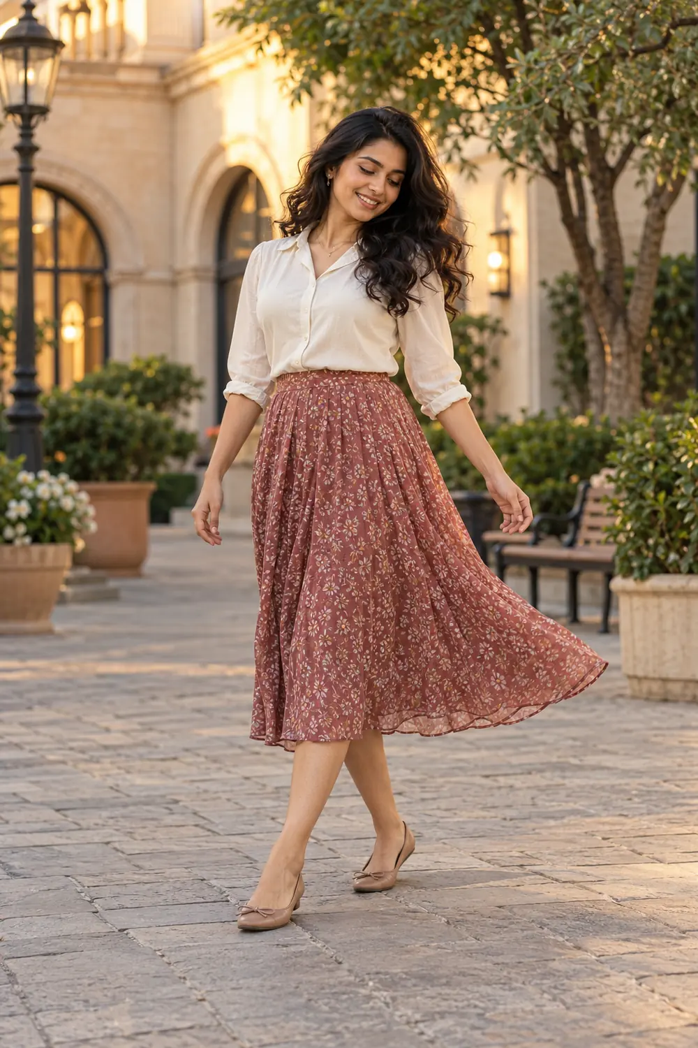 A woman in a white blouse, patterned flowing skirt and flats turns on a paved plaza in warm evening light.