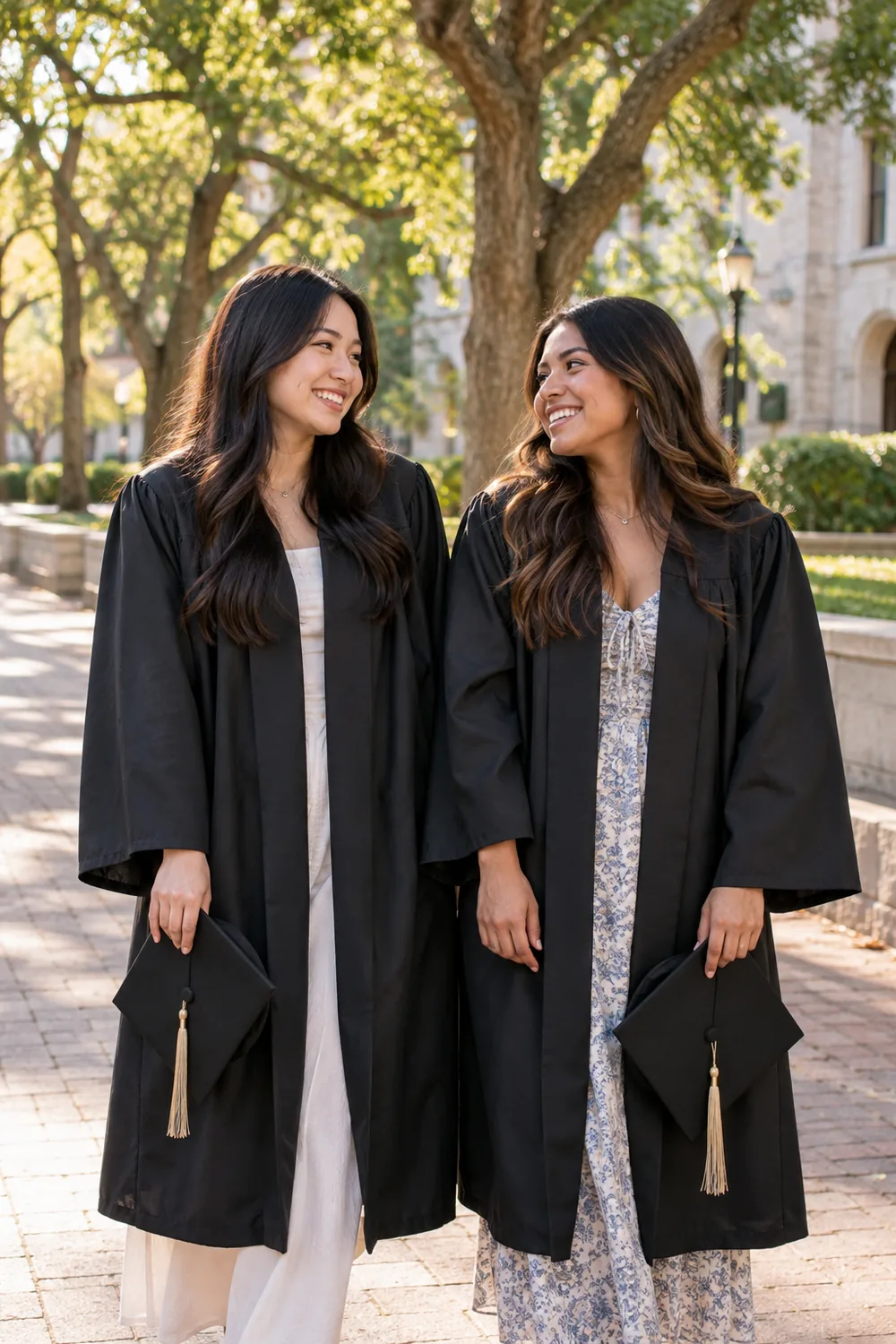 Two adult university graduates in dark gowns hold their caps at their sides and smile at each other on a tree-lined campus walkway.