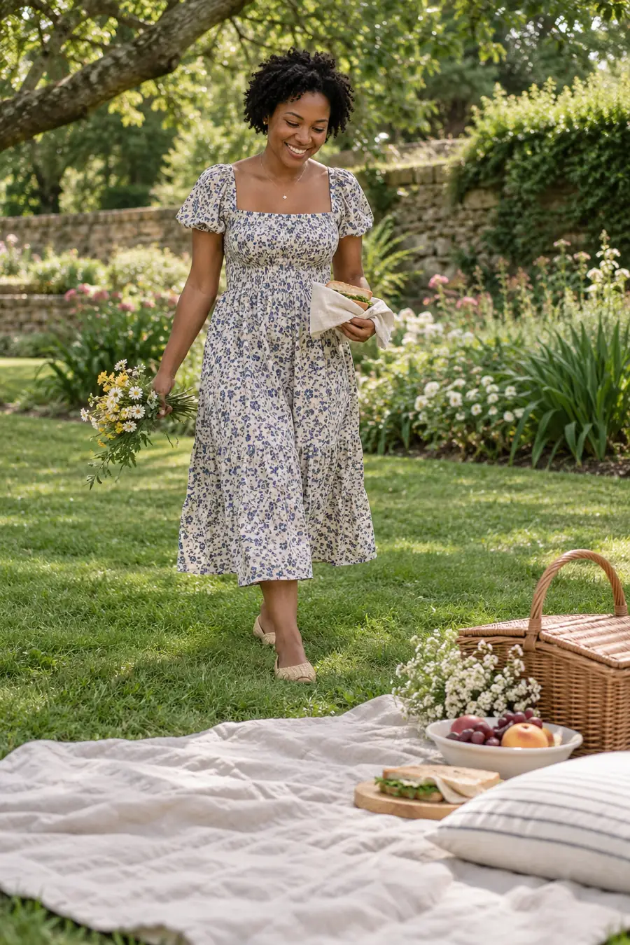 Smiling adult woman in a floral midi dress walking with wildflowers and a wrapped sandwich toward a picnic blanket and basket in a garden.