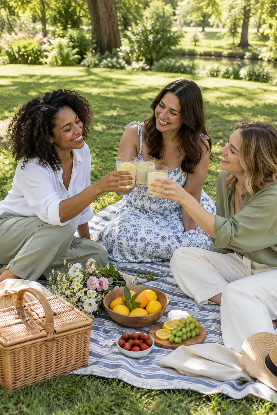 Three adult friends toast lemonade on a striped picnic blanket, with flowers, fruit, and a woven basket in a sunlit park.