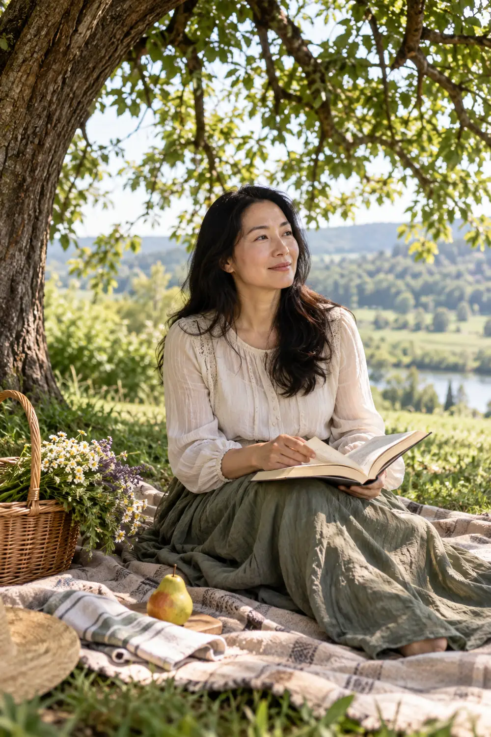 Adult East Asian woman seated on a muted picnic blanket beneath a broad leafy tree, holding an open book and looking into the distance; a pear, folded cloth and basket are nearby.