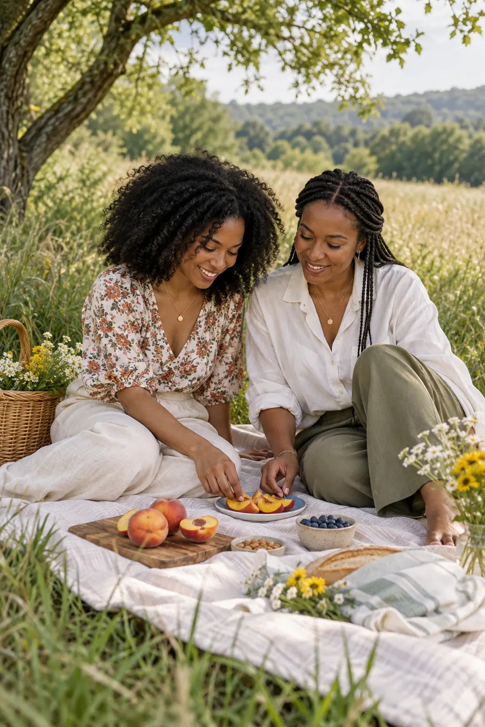 Two adult sisters in linen outfits smile as they arrange sliced peaches on a plate on a picnic blanket in a meadow.