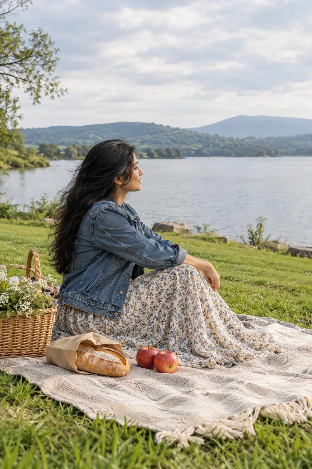 Adult woman in a denim jacket and long skirt sitting on a picnic blanket by a lake, with a loaf, apples, and a flower basket nearby.
