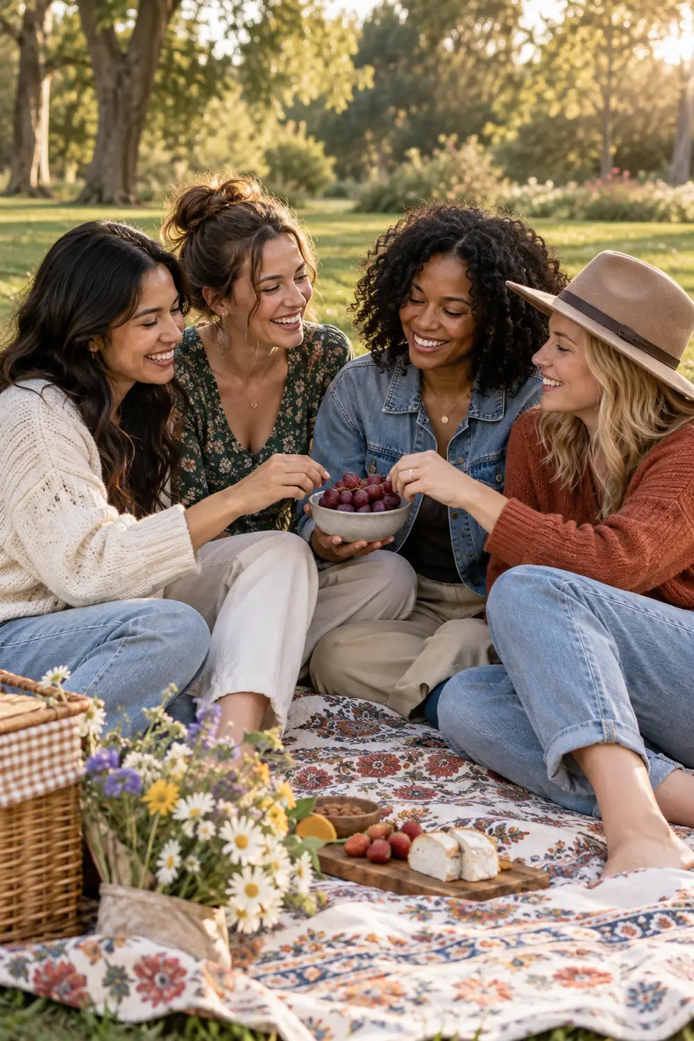 Four adult friends in varied casual layers lean together, laughing over a bowl of grapes on a patterned blanket in a sunlit park.