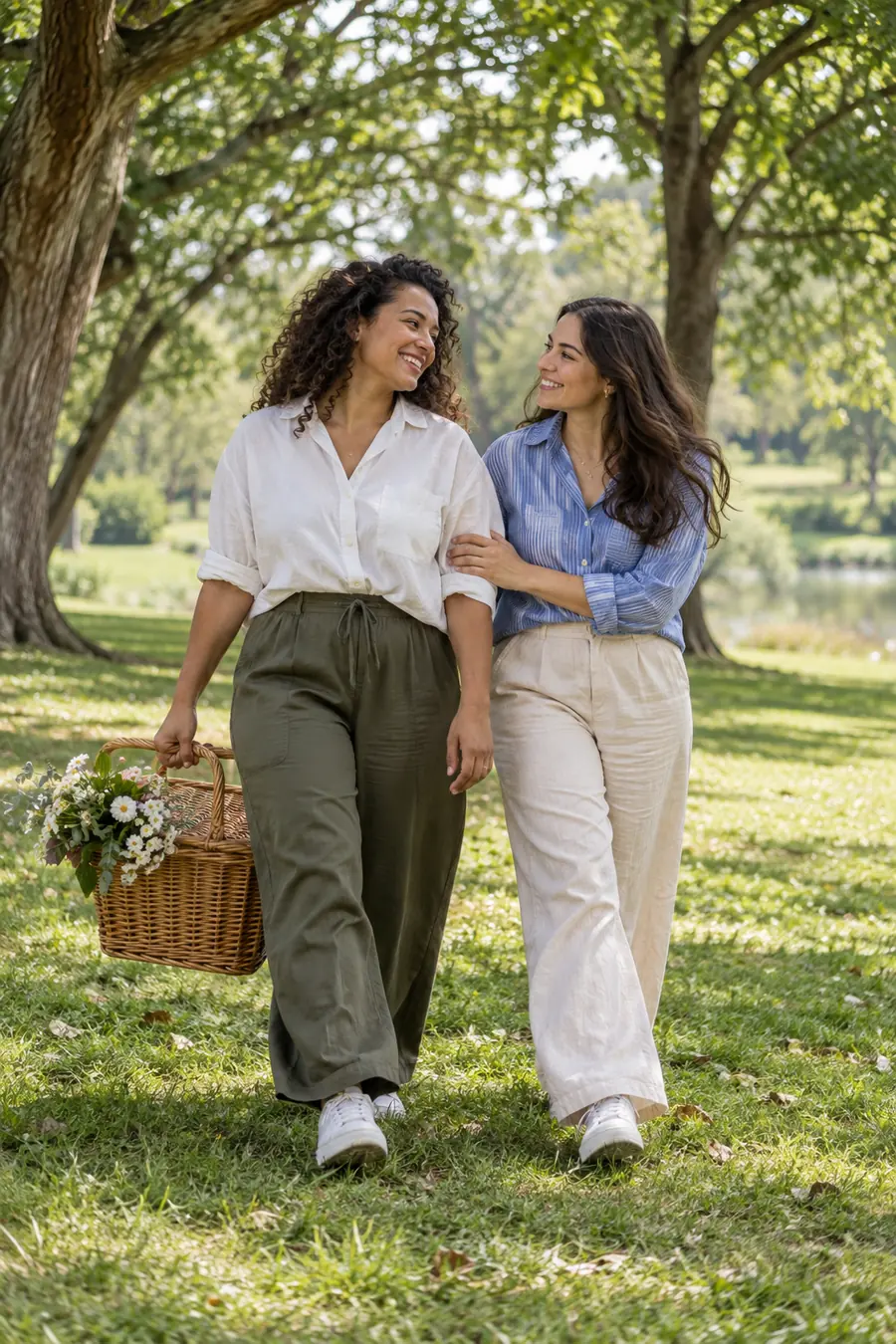 Two adult women walking and smiling together on a shaded park lawn, with one carrying a flower filled woven picnic basket.