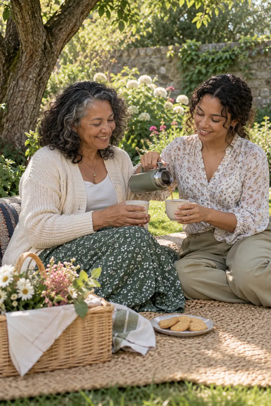 Adult mother and daughter seated together on a woven picnic mat in a garden, sharing tea beside a flower basket and plate of biscuits.