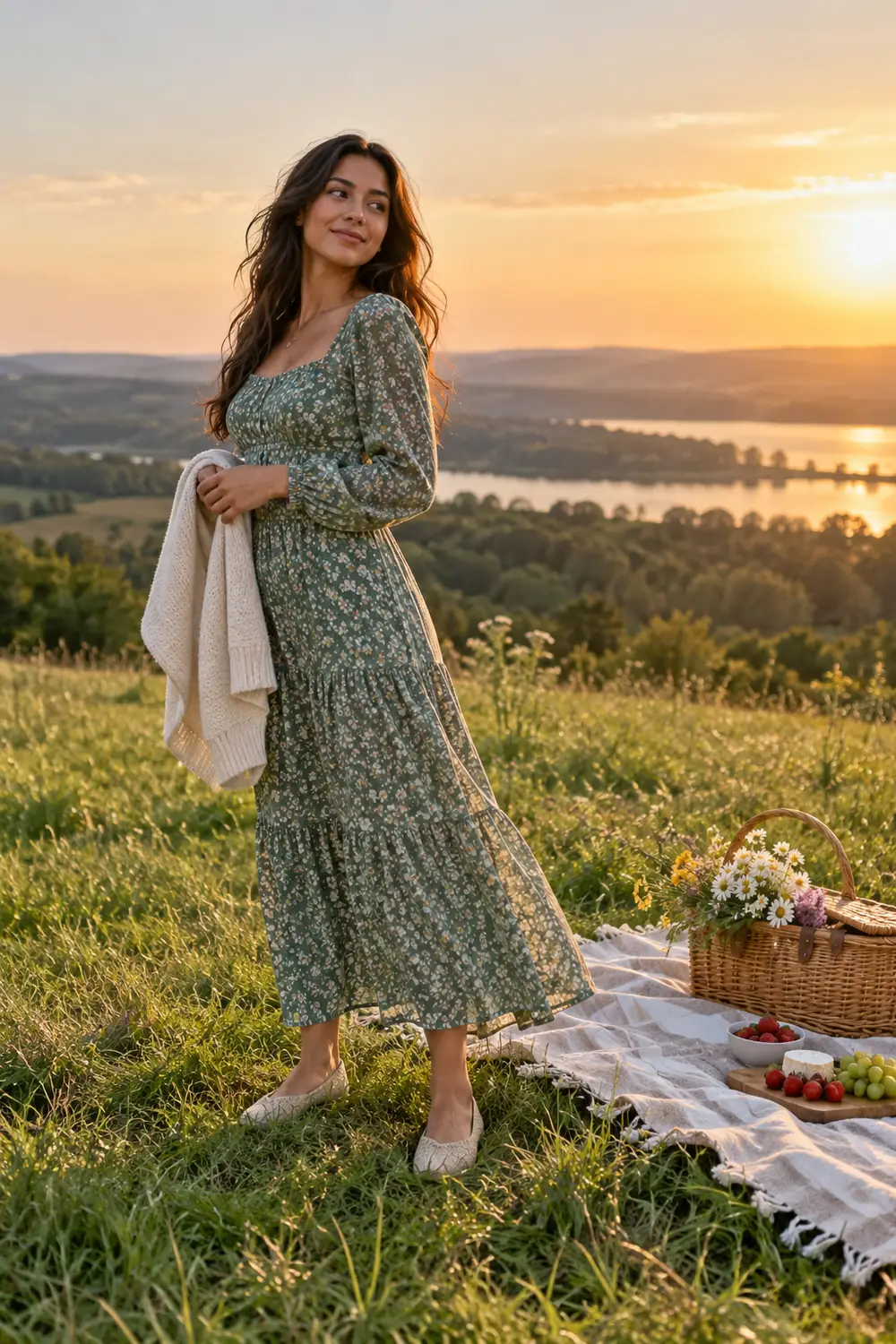 Woman in a long-sleeve floral dress holding a cardigan beside a picnic blanket and basket on a grassy rise at sunset.