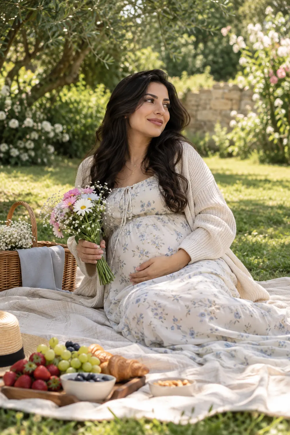 Visibly pregnant adult woman in a floral dress and light cardigan seated on a garden blanket, holding a bouquet with a wicker basket and picnic food nearby.