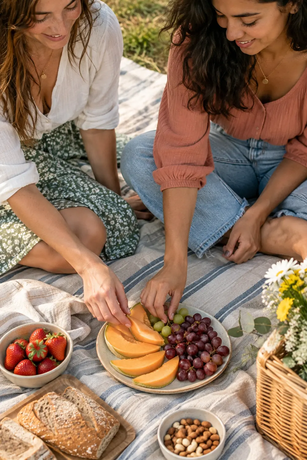Two adult women seated on a striped picnic blanket arrange melon and grapes on a plate, with a basket and flowers nearby.