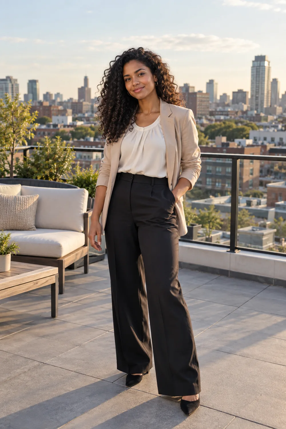 A woman with dark curly hair in a cream blouse, light jacket, and dark trousers stands on a furnished rooftop terrace with a secure railing and mid-rise skyline behind her in afternoon light.