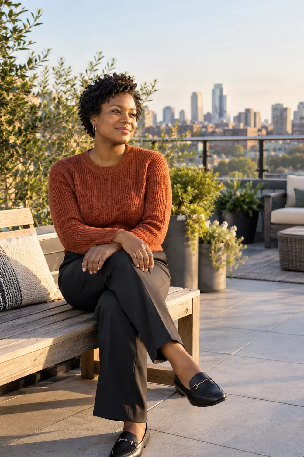 Adult woman in a rust sweater sitting cross-legged on a wooden bench on a safe rooftop terrace, with potted greenery, a railing, and distant buildings in morning light.