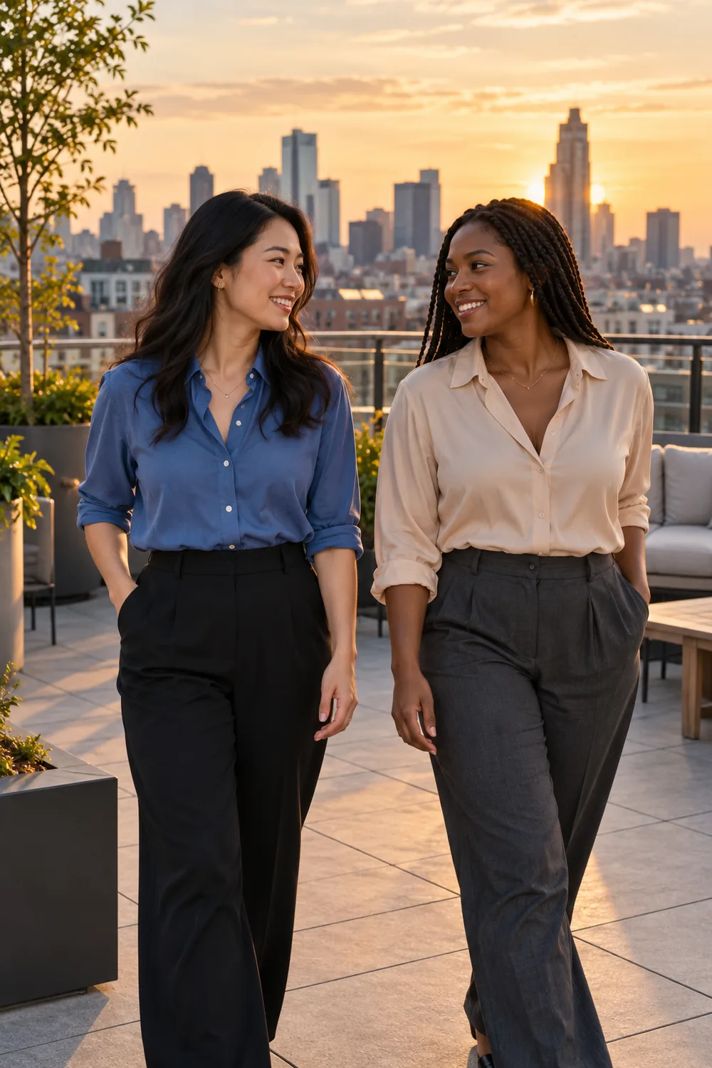 Two adult women in blue and beige shirts walk together on a rooftop terrace, smiling at one another in warm sunset light, with city buildings behind them.