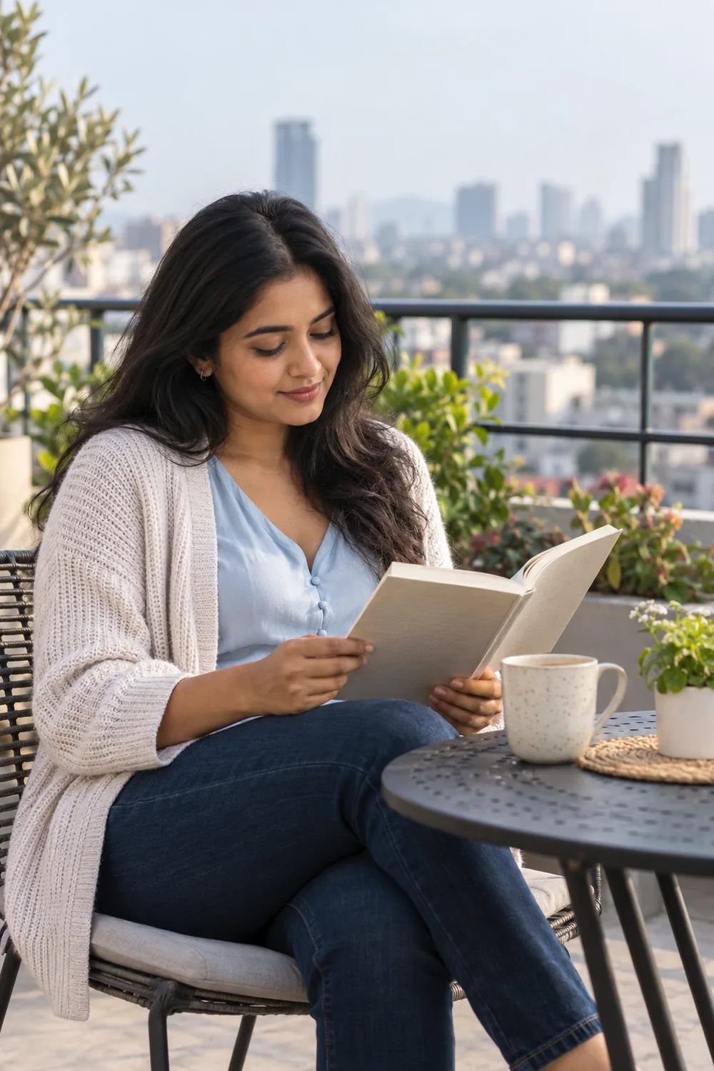 Adult South Asian woman seated safely inside a rooftop terrace railing, reading an open book at a small table with a cup and softly blurred city skyline behind her.