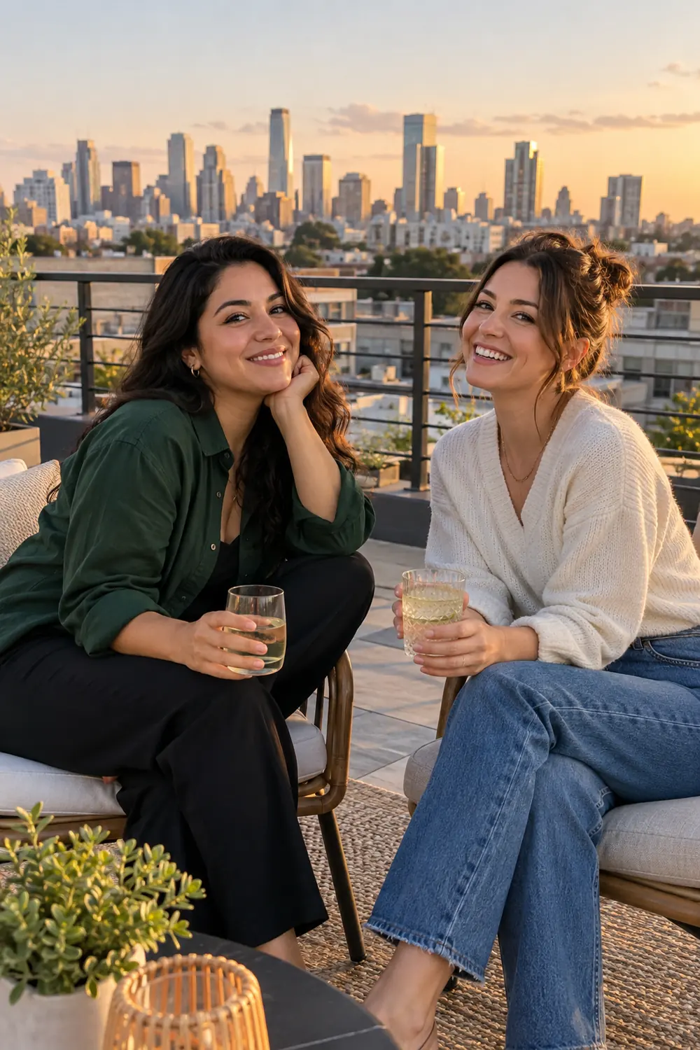 Two adult women in casual layers seated on terrace chairs, smiling toward the camera with a city skyline beyond the rooftop railing.