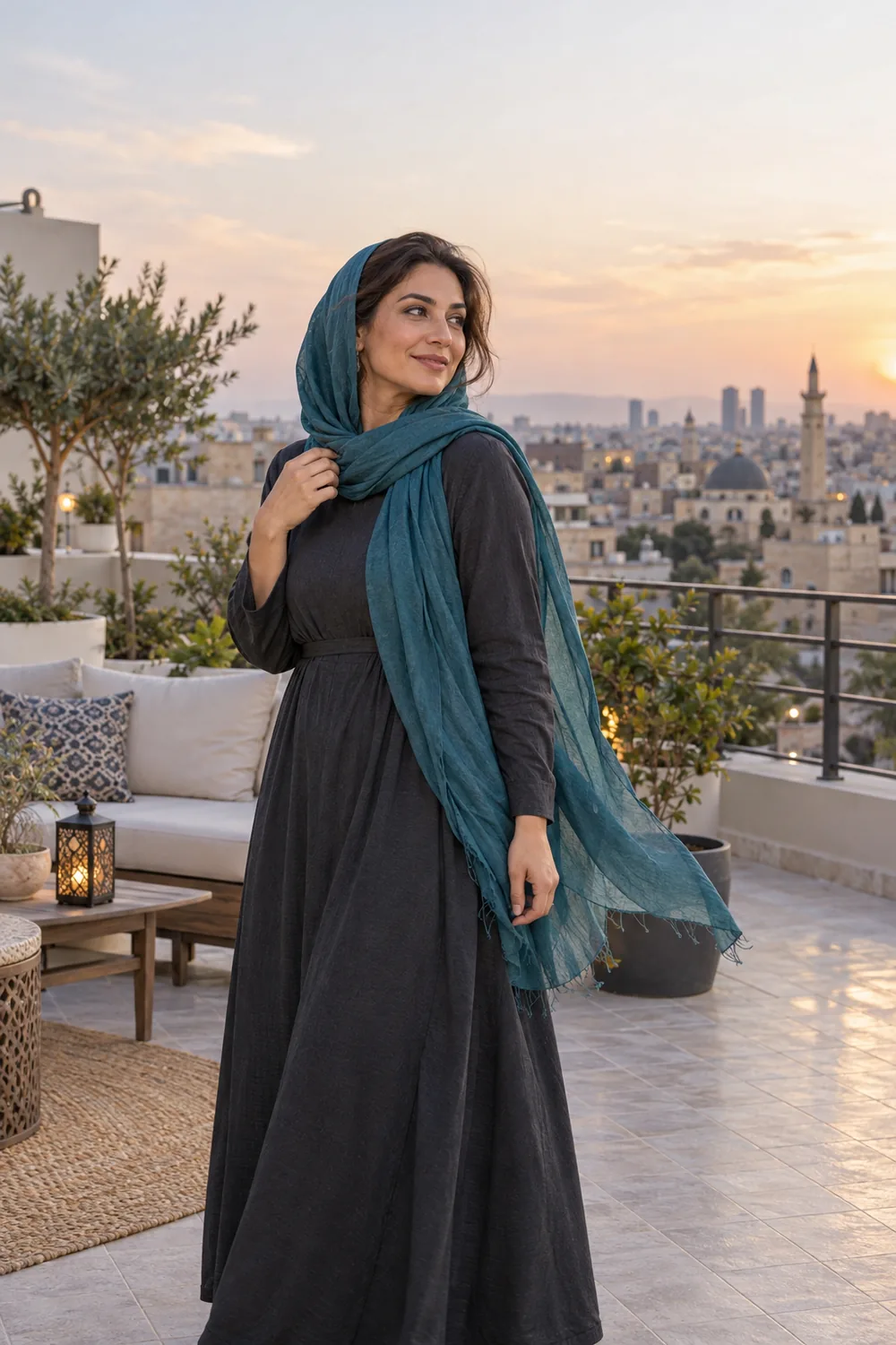 Adult woman in a charcoal dress and teal scarf standing on a safe, railed rooftop terrace, with the scarf trailing in a light breeze and a city skyline at sunset.