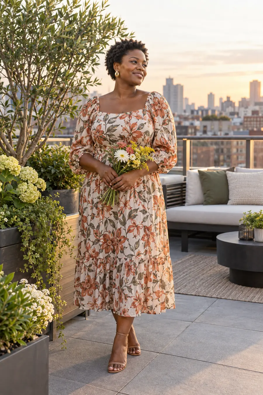 Adult woman holding a small bouquet beside rooftop planters, standing safely inside the terrace in soft afternoon light.