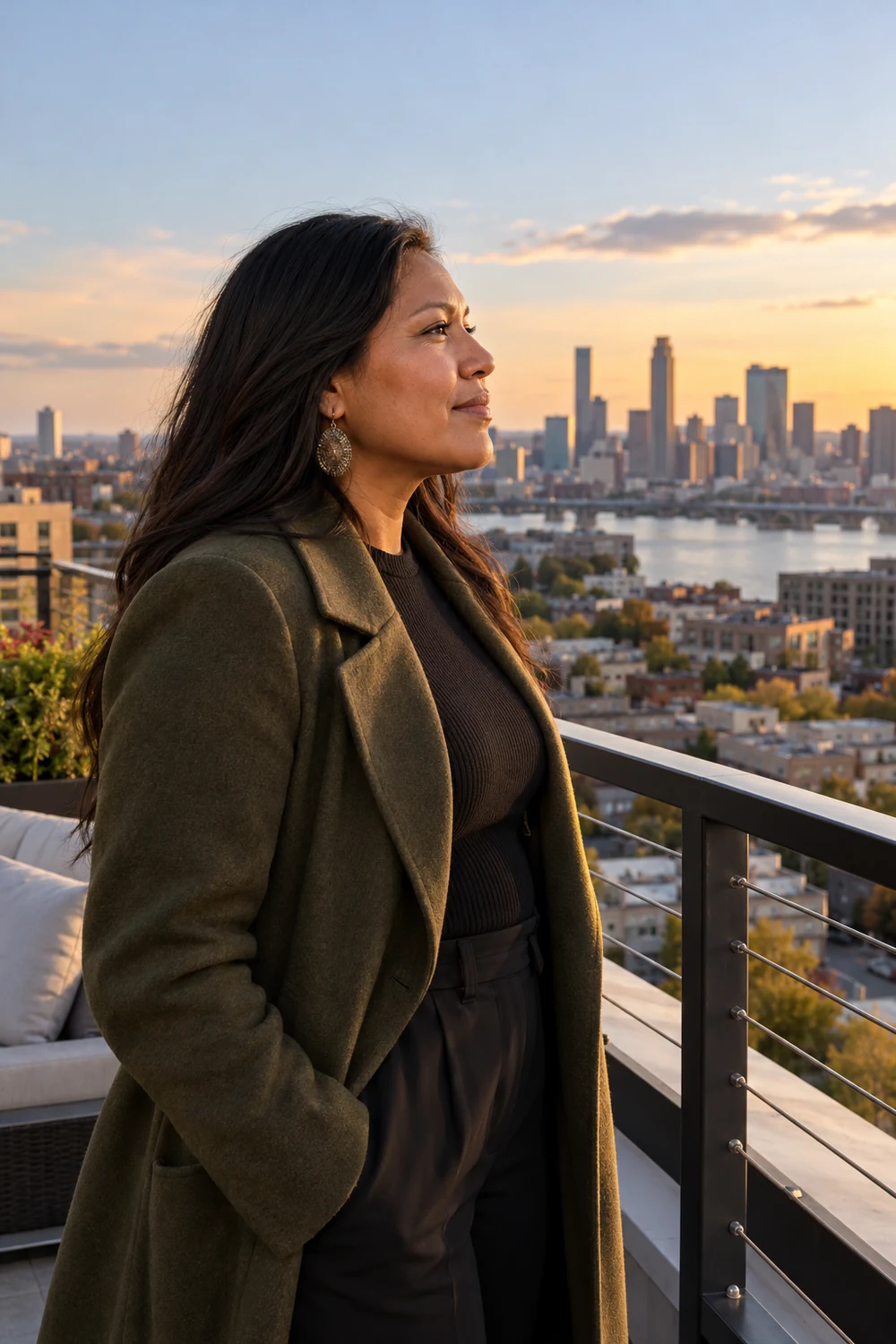 Adult woman in a structured olive coat stands in profile well inside a safe rooftop terrace railing, looking across a city and river at sunset.