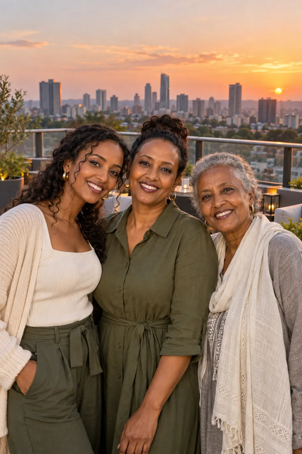 Three adult women of different generations stand together in cream, olive, and gray clothing on a rooftop terrace, with a secure railing and city skyline behind them at sunset.