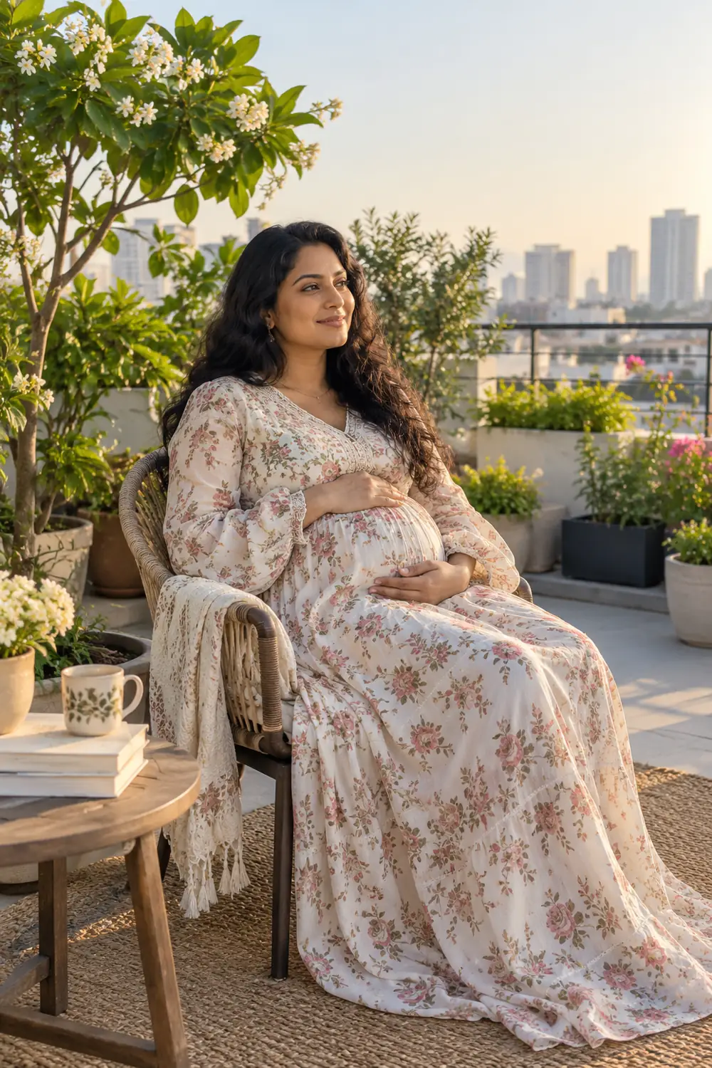 A visibly pregnant South Asian woman in a full-length floral dress sits among rooftop planters in soft morning light, several steps from a railing.