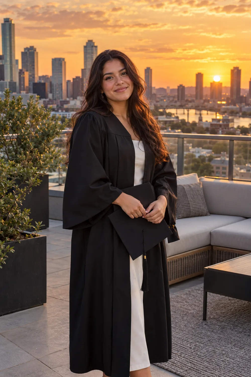 Adult woman in a dark graduation gown holding a plain cap at waist height on a rooftop terrace at sunset, with a city skyline behind her.