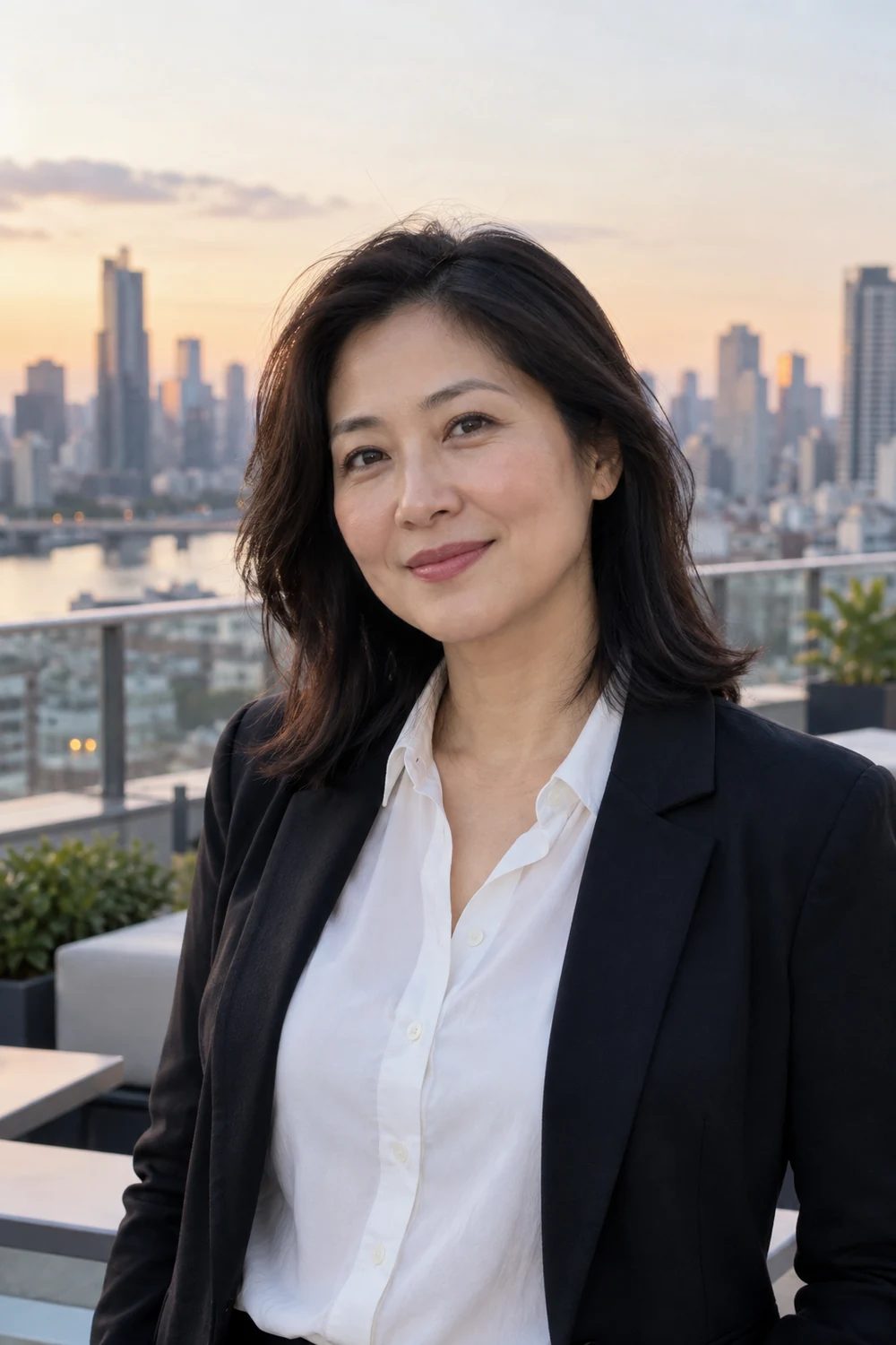 Chest-up portrait of an adult East Asian woman in a white collared blouse and dark jacket, standing safely inside a rooftop terrace with a softly blurred city skyline and railing behind her.