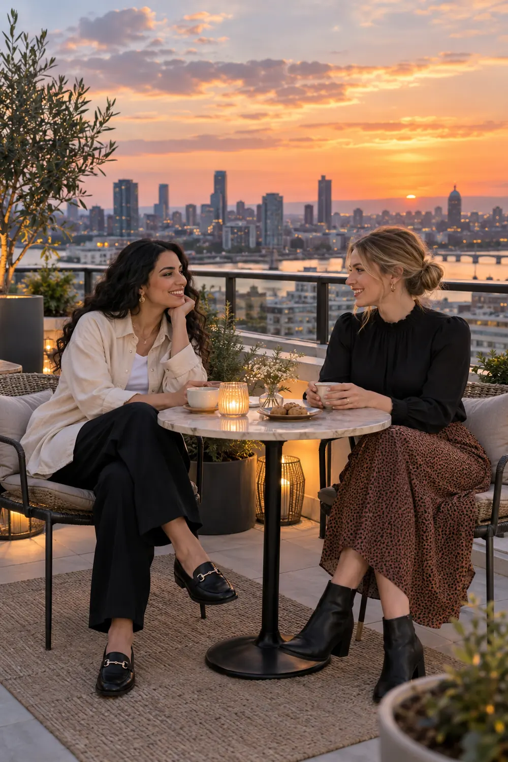 Two adult women in smart-casual clothing seated across a small table on a rooftop terrace at sunset, with a city skyline behind a secure railing.