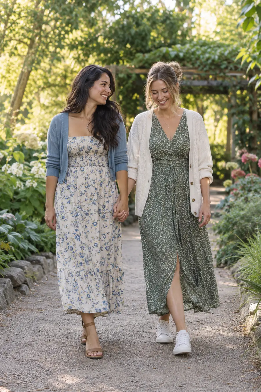 Two adult sisters in patterned dresses and light cardigans walking hand in hand on a leafy garden path, smiling at each other.
