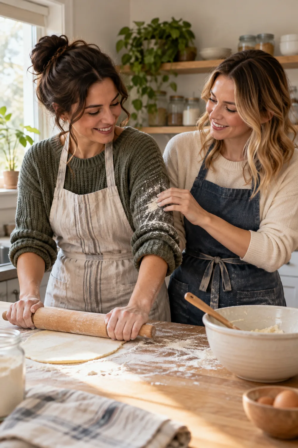 Two adult sisters in sweaters and aprons rolling dough at a bright kitchen counter as one brushes flour from the other's sleeve; a bowl and wooden spoon sit nearby.