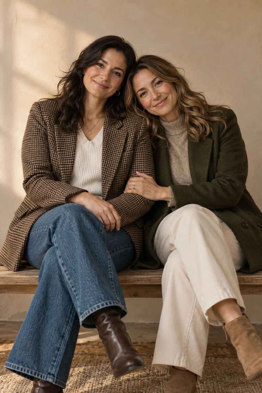 Two adult women seated close together on a wooden bench, leaning their heads together and smiling at the camera, wearing distinct jackets and knit tops against a warm beige backdrop.