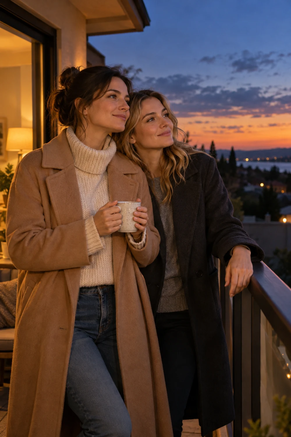 Two adult sisters in long coats standing together at a balcony railing at dusk, warmly lit from a nearby home and looking toward the sunset sky.