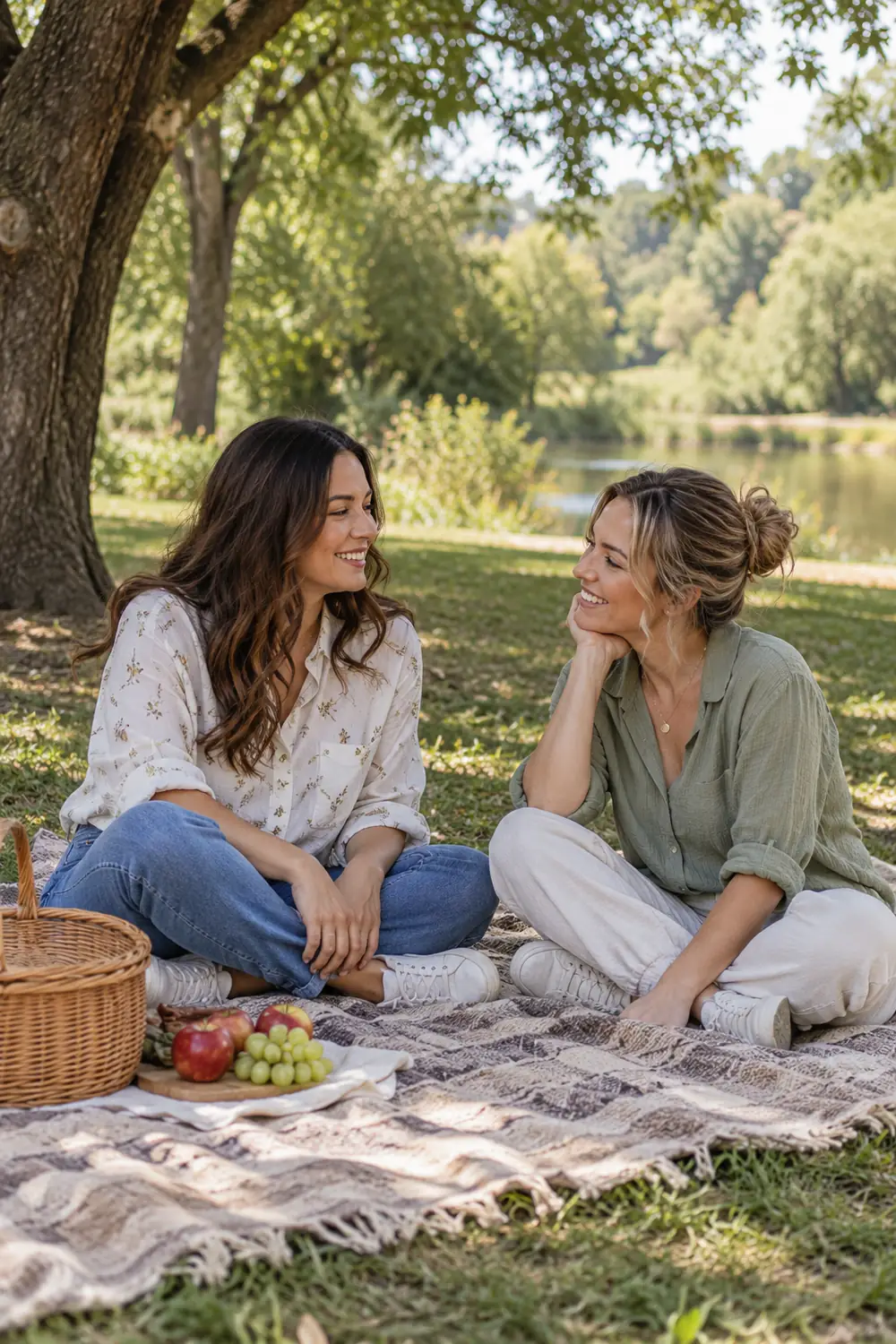 Two adult sisters in casual shirts and trousers sit cross-legged on a picnic blanket, smiling at each other beside a basket and fruit in a leafy park.