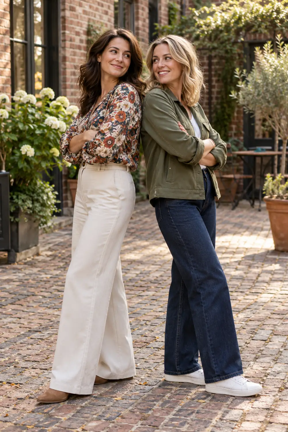 Two adult sisters standing back-to-back with folded arms and smiling toward each other in a brick courtyard, wearing a patterned blouse and a solid green jacket.