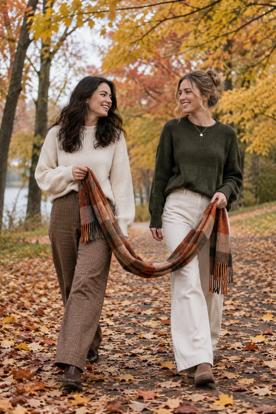 Two adult sisters walking beneath autumn trees, smiling at each other while holding the ends of a long scarf.
