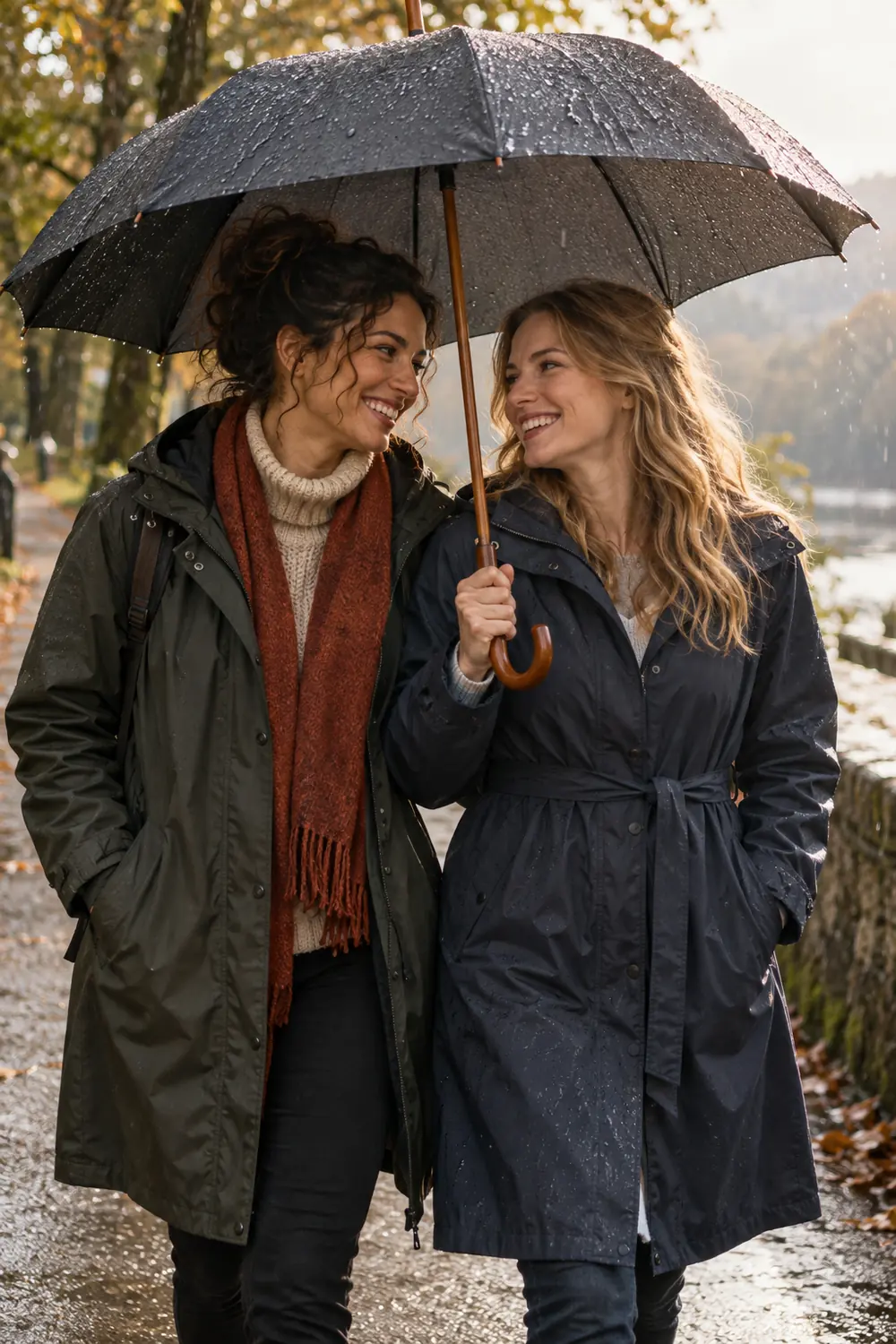 Two adult sisters in waterproof coats smile at each other beneath a large umbrella on a tree-lined path in light rain.