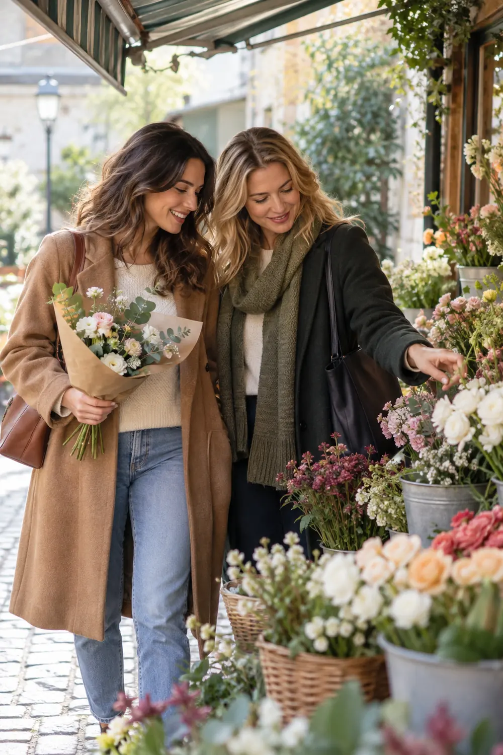 Two adult sisters in complementary coats browse an outdoor flower stall; one holds a bouquet and the other points toward flowers.