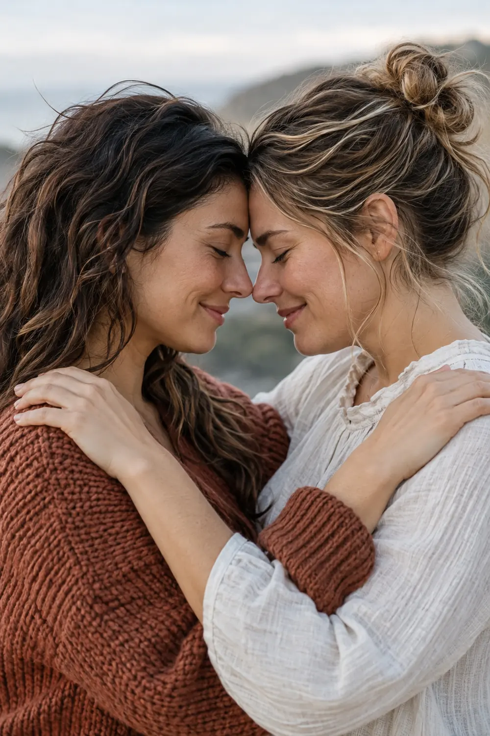 Two adult sisters in rust knit and light cotton clothing touch foreheads with eyes closed in a softly lit outdoor portrait.