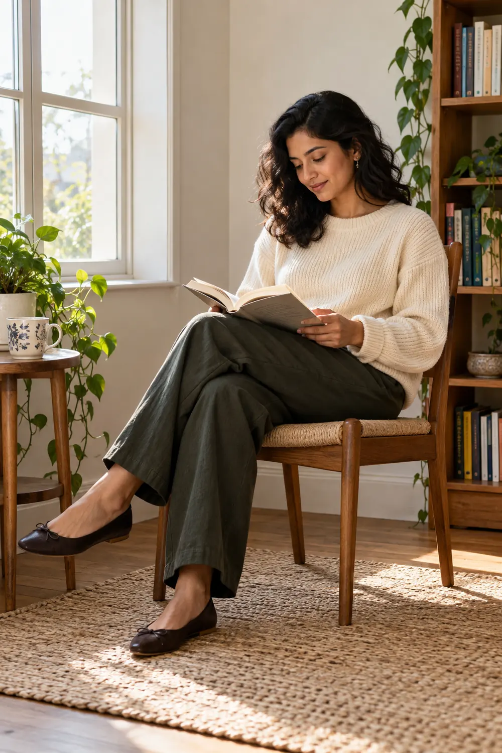 A woman in a cream knit sweater and dark trousers sits in a wooden chair by a bright window, reading an open book.