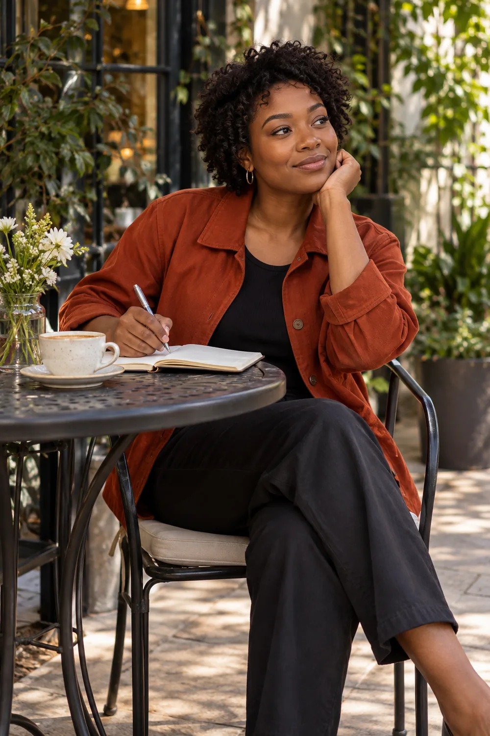 A woman with short natural curls in a rust jacket sits at a leafy café patio table, holding a pen over an open notebook.