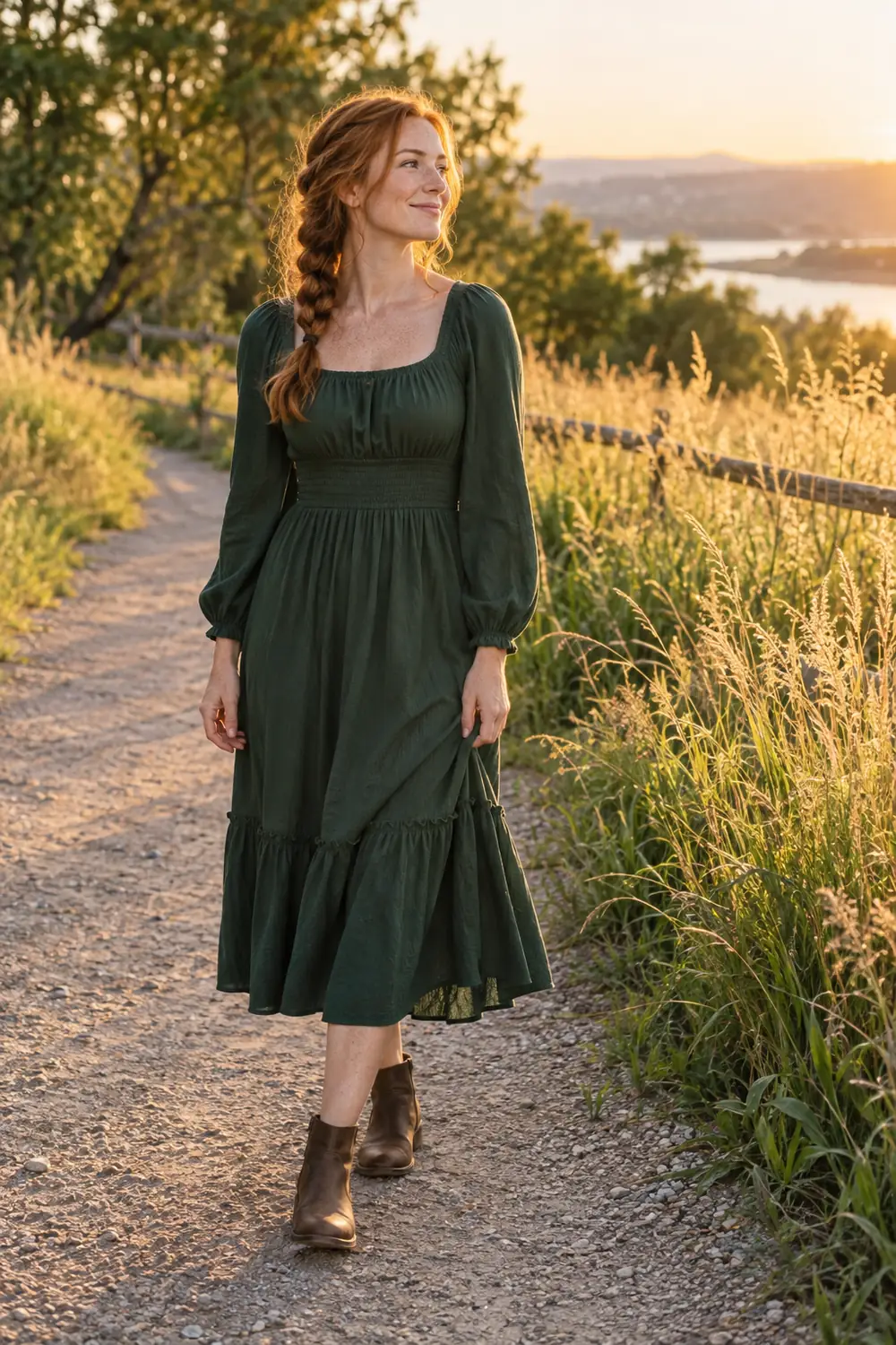 A freckled woman with auburn braided hair stands in a forest-green dress and ankle boots on a path beside sunlit tall grasses.