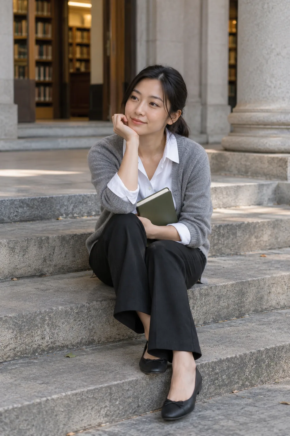 A woman in a gray cardigan and dark trousers sits on broad library steps holding a closed notebook.