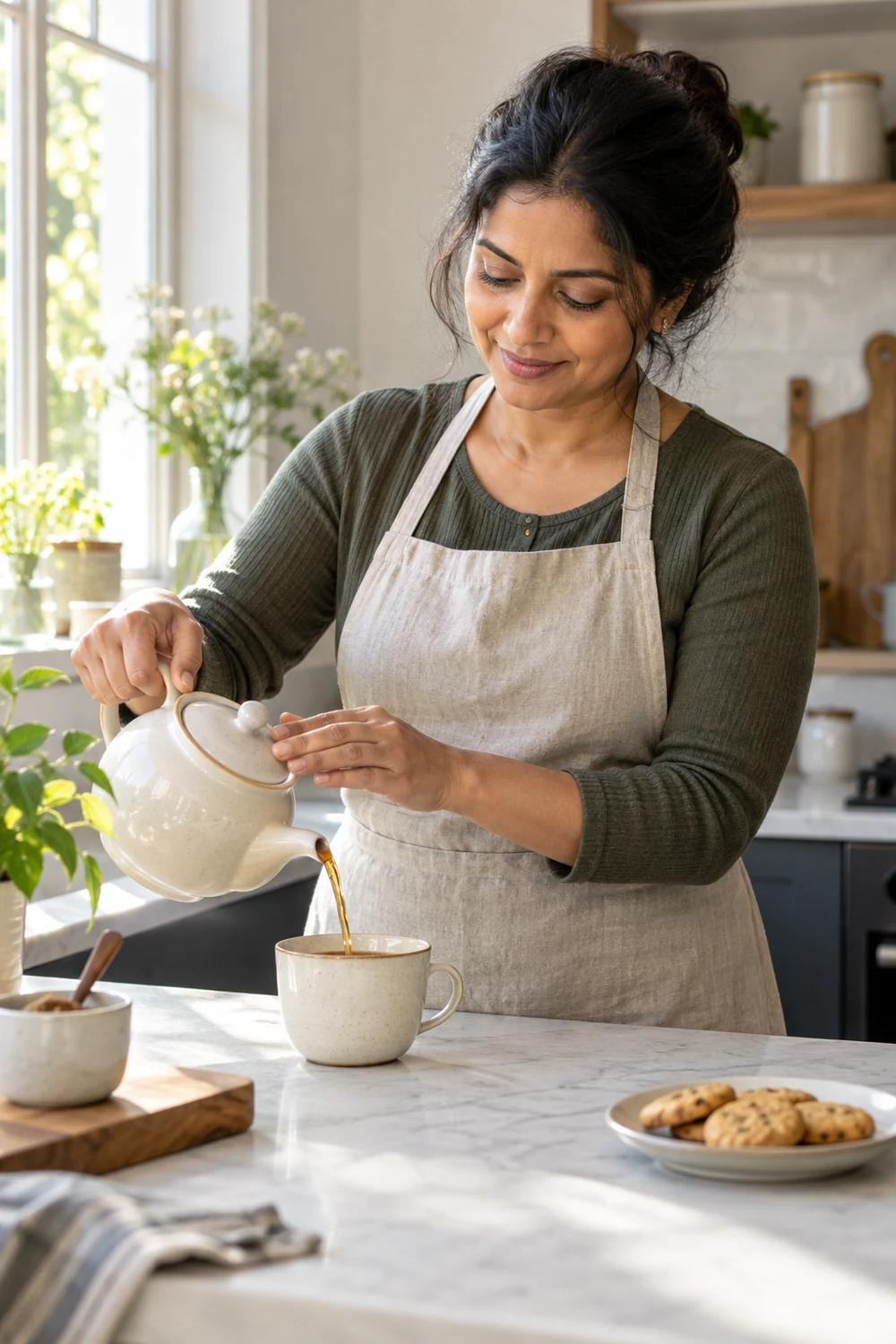 A woman pours tea into a plain cup in a softly sunlit kitchen.