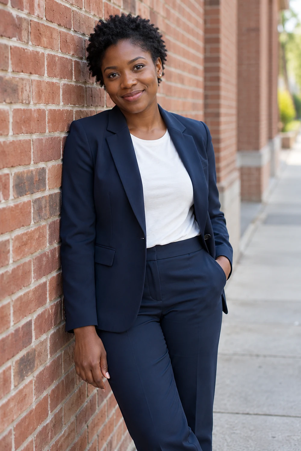 A woman in a navy jacket and light shirt leans against a brick wall, one hand in her pocket, looking toward the camera.