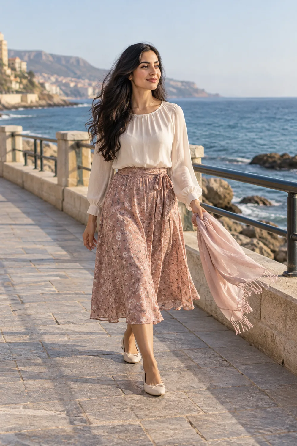 A woman in a light blouse and flowing skirt walks along a seaside promenade, holding a scarf that trails gently in the breeze.