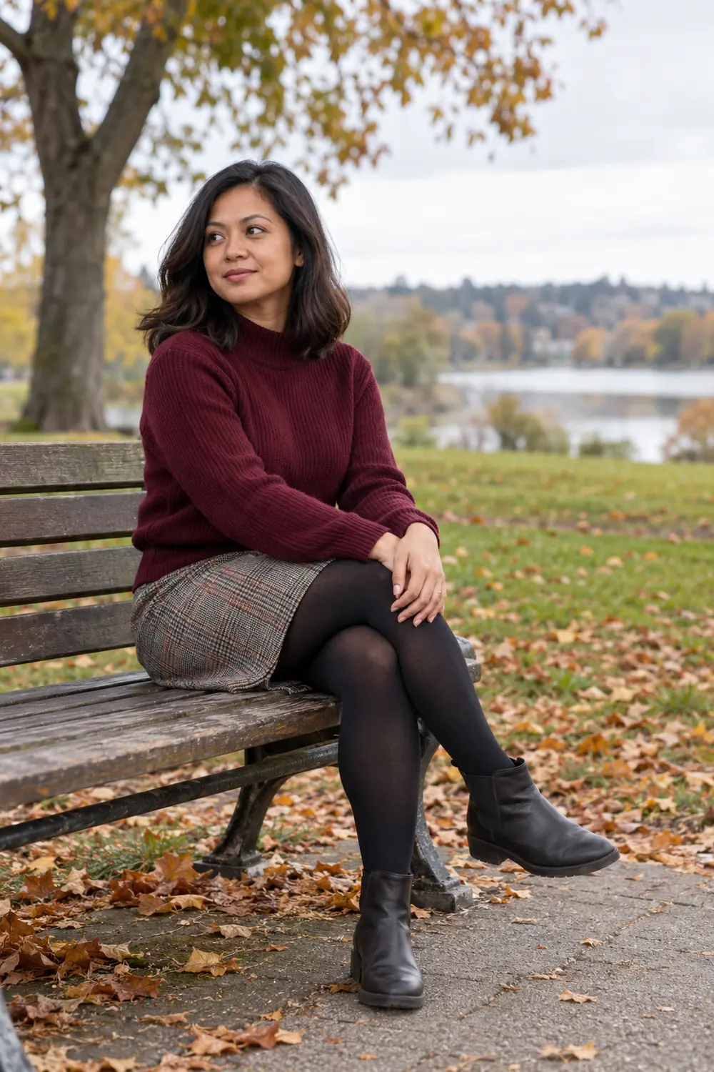 A woman in a burgundy sweater, checked skirt, tights and boots sits on a park bench in an autumn park, looking off-camera.