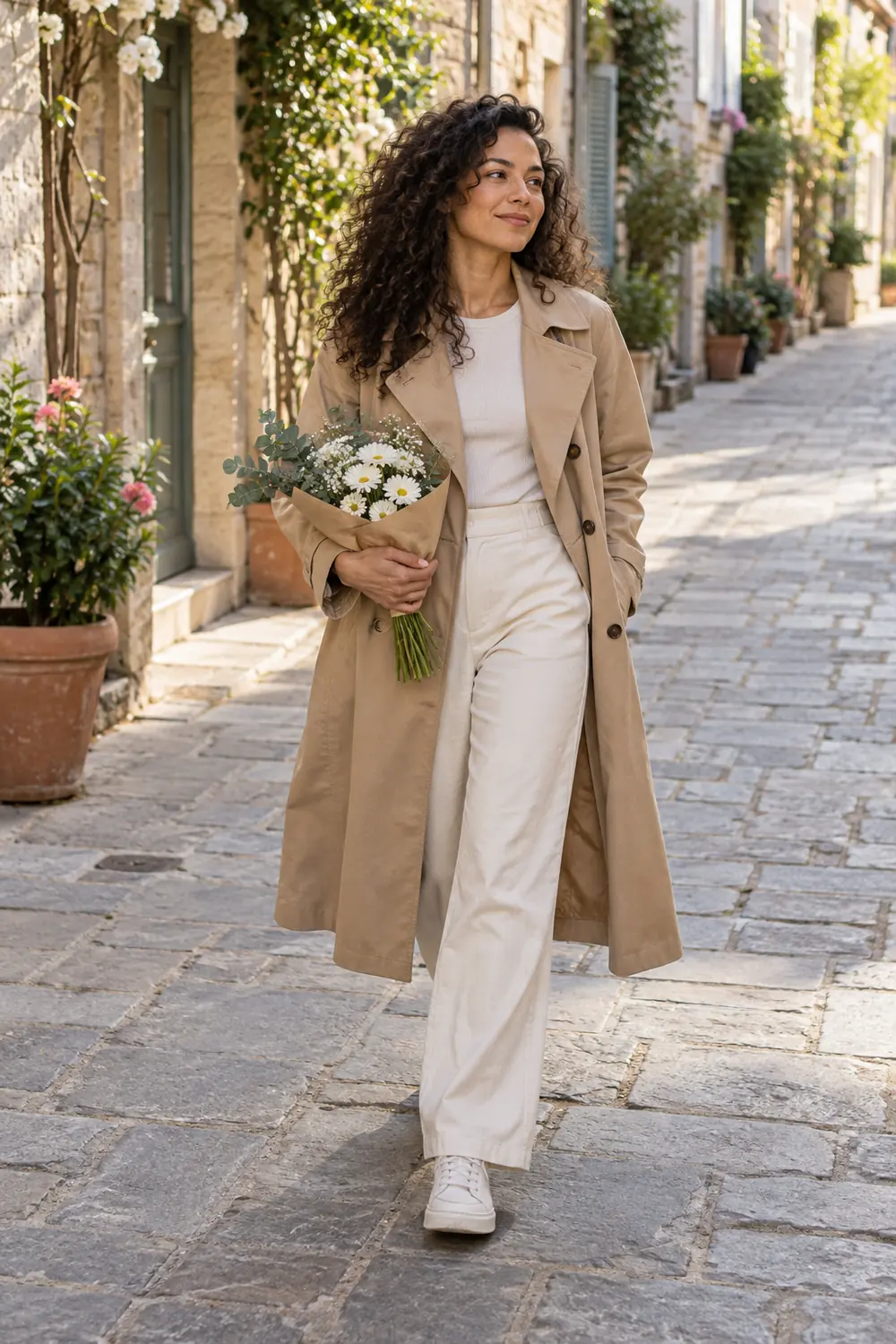 A woman in a tan trench coat walks along a stone pedestrian lane carrying a bouquet of white flowers.
