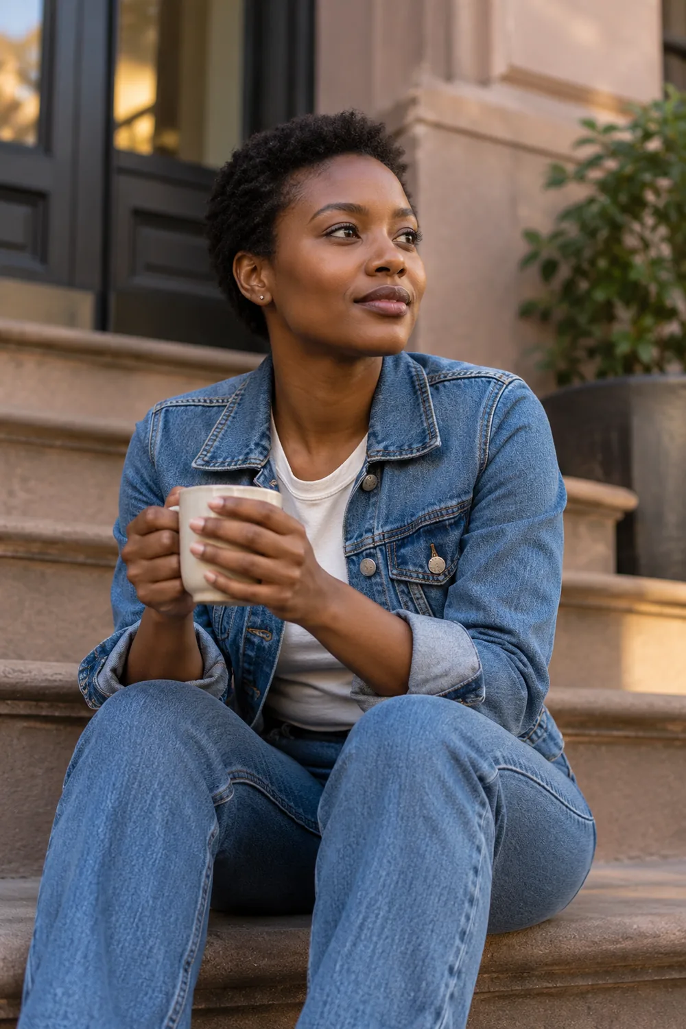 A short-haired woman in a cropped denim jacket sits on stone steps holding a plain cup with both hands and looking to the side.