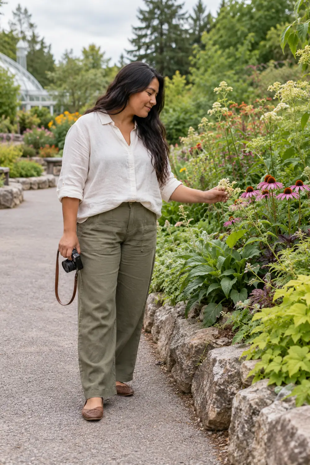 A woman in a light linen shirt and olive trousers pauses beside colorful garden flowers, holding a camera at her side.