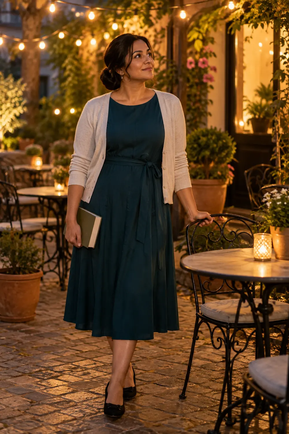 A woman wearing a dark teal dress and light cardigan stands among warm outdoor café lights, holding a closed book at her side.