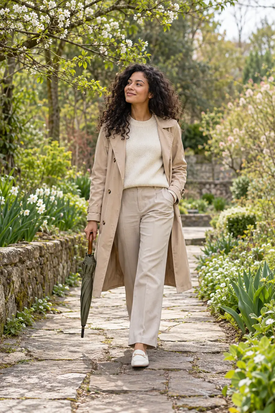 A woman with dark curly hair walks along a stone garden path beneath budding branches, wearing a cream sweater and beige trench and carrying a folded umbrella.
